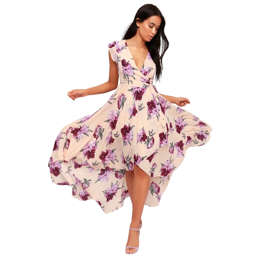 Lulus Dress Women Small Cream Purple Floral High Low Wrap‎ Maxi Wedding Guest